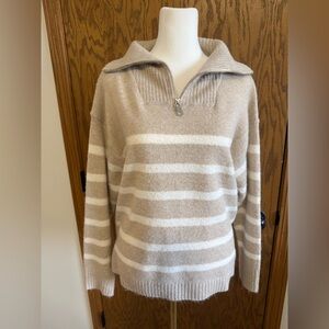 Cozy Beige and White Striped Women's Turtleneck Sweater